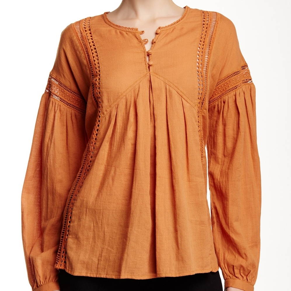 Ro & De Orange Lace Inset Woven Blouse Size Medium